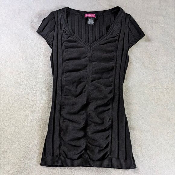Y2K Fitted Short Sleeve Sweater Women's XS/Small Black Solid Ribbed Ruched - Picture 2 of 6